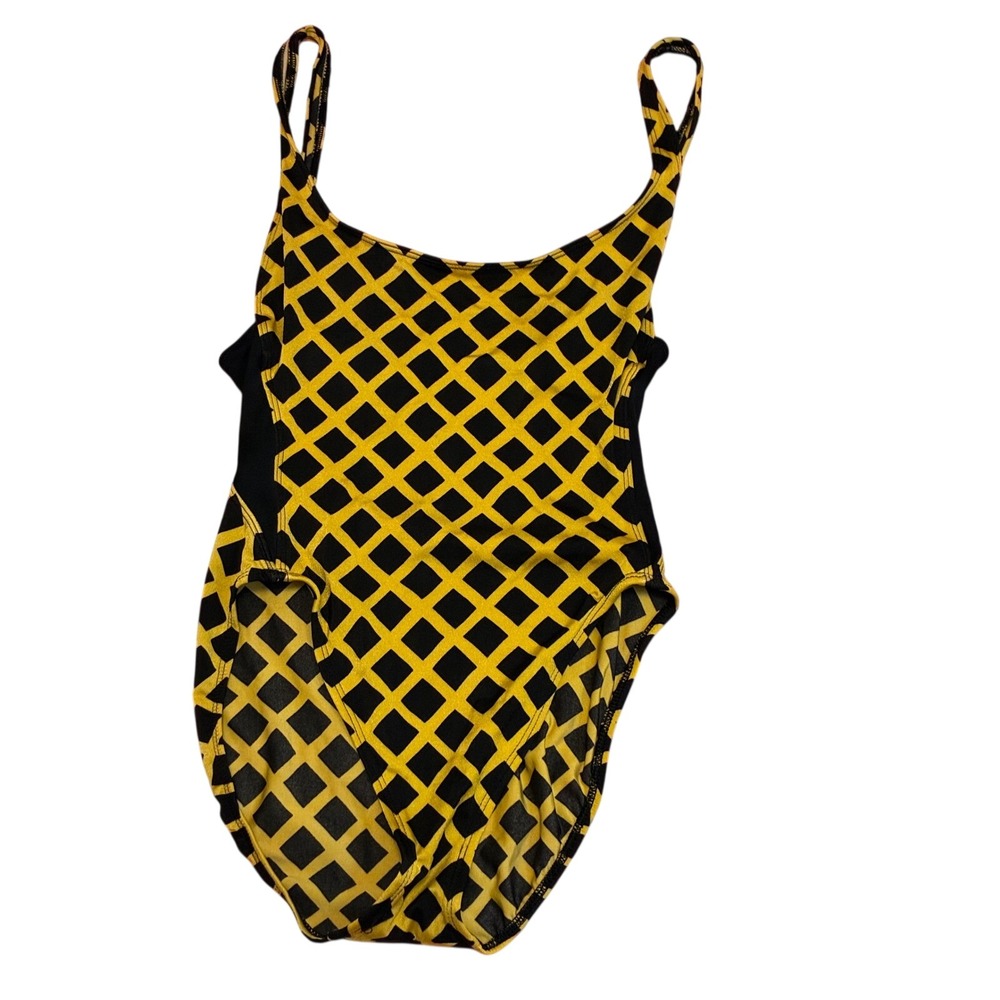 Girls Yellow Black Geometric Grid One Piece Swimsuit Athletic Swimwear